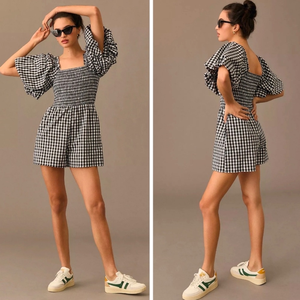 Anthropologie x Self Contrast Puff Sleeve Gingham Black White Smocked Romper XS - Picture 7 of 10